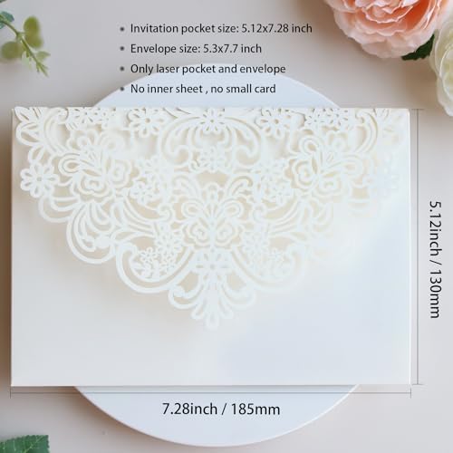 Hosmsua 50PCS Ivory Laser Cut Wedding Invitations, 5.12 x 7.2 Laser Cut Invitation Pockets with Envelopes for Wedding Bridal Shower Quinceanera Invitations (No Inner Sheet) - Image 3