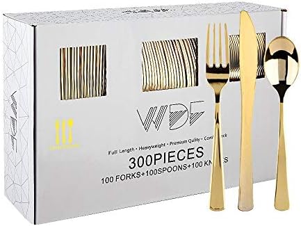WDF300 Pieces Gold Plastic Silverware - Heavy Duty Disposable Cutlery Set Plastic Gold Silverware Set Includes 100 Forks, 100 Spoons, 100 Knives for Party/Baby Shower/Wedding/Birthday by WDF