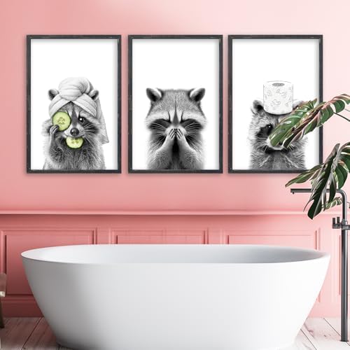 flowtorely Raccoon Bathroom Wall Art Decor Set of 3 16x11 Inch Black - Image 6