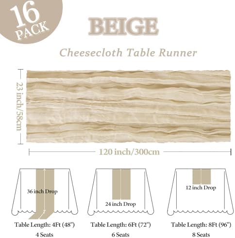 16 Pack 23 x 120 Inch Beige Table Runner 10Ft Cheesecloth - Image 2
