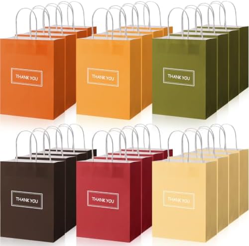 100 Pcs Thank You Paper Bags, 8 x 4 x 10 in, Handles, 6 Fall Colors by Handepo