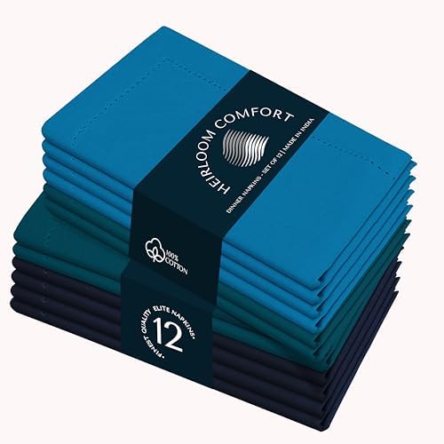 Multi Color Cloth Napkins 18x18 Inch - Set of 12-100% Cotton, Soft - Perfect Hotel Quality Napkin for Table, Dinner, Weddings, Everyday Dining - Turquiose Blue, Teal Green, Navy by HEIRLOOMCOMFORT
