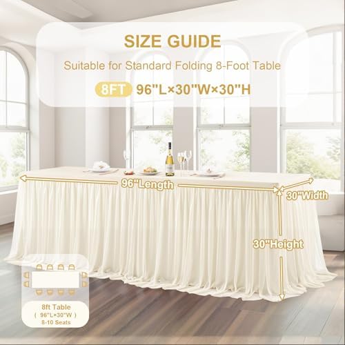 Wish Care Ivory Tulle Tablecloth for 8 Foot Rectangle Tables Stretch Fitted Rectangular Table Cloths Wrinkle Free Ruffle Elastic Table Cover Tutu Skirt for Wedding Birthday Party Baby Shower Cake - Image 5