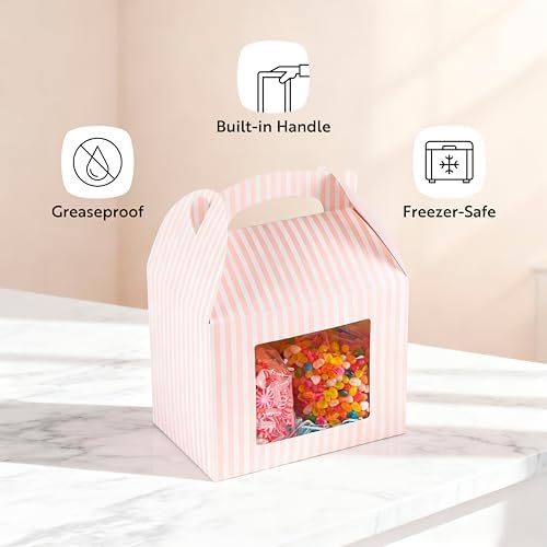 Restaurantware Gable Gift Boxes Pack of 25 Paper Treat Boxes 10 x 7 x 8 Inches With Window, Disposable Pink and White Containers, Freezer-safe, For Weddings or Birthdays - Image 4