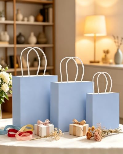 qiqee 100PCS Gift Bag with Handles Bulk Light Blue Paper Bags Assorted Sizes(33pcs Large 13",33pcs Medium 11",34pcs Small 8") - Image 6