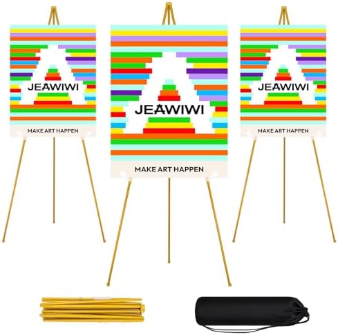 JEAWIWI 3 Pcs Lightweight Easel Stand, 66 Inch, Gold, with Portable Bags by JEAWIWI