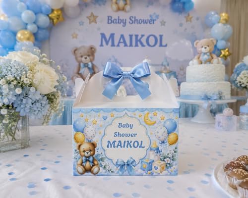 Personalized Baby Shower Keepsake Boxes. A set of 12 boxes personalized with the baby's name to add a special touch to your celebration. (Boy teddy bear) - Image 3