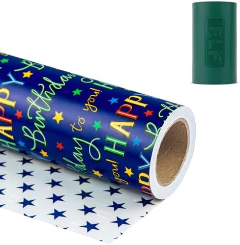 WRAPAHOLIC 30 Inch Reversible Birthday Wrapping Paper (30 Inch x 33 Feet) & Little ELF Gift Wrap Cutter (1-Pack) - Colorful Happy Birthday and Stars Design for Party, Baby Shower by WRAPAHOLIC