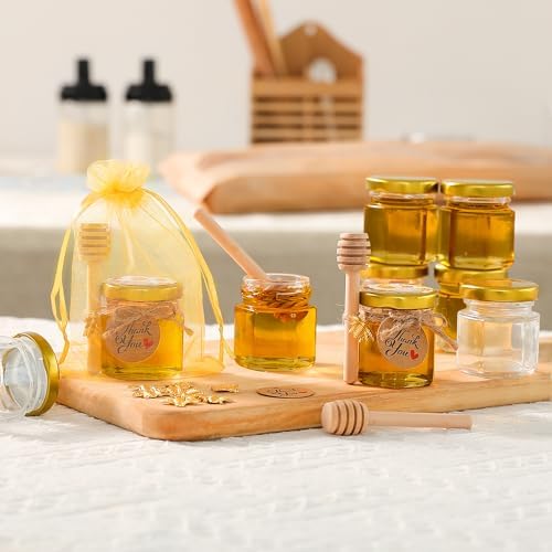 60 Pack Mini Glass Honey Jars Party Favors,1.5 oz Small Hexagon Glass Honey Jars with Dippers,Lids,Gold Bags,Bee Charms,Thank You Cards,Jute,Cute Stickers for Baby Shower Favors,Wedding party gift - Image 3