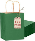 qiqee 100PCS Gift Bag with Handles Bulk Kraft Deep Green Paper Bags Multiple Uses (8.3"x3"x6"inch Small Size) by Qiqee