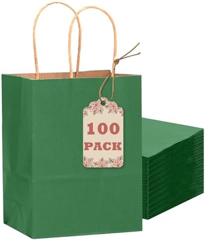 qiqee 100PCS Gift Bag with Handles Bulk Kraft Deep Green Paper Bags Multiple Uses (8.3"x3"x6"inch Small Size) by Qiqee