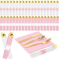 Lasnten 50 Pcs Pre-rolled Pink White Gold Plastic Silverware Set by Lasnten