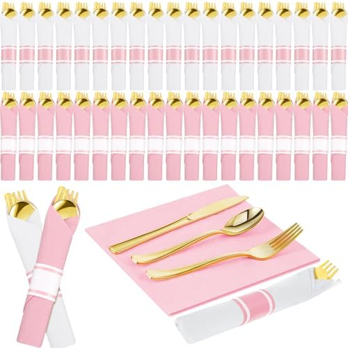 Lasnten 50 Pcs Pre-rolled Pink White Gold Plastic Silverware Set by Lasnten