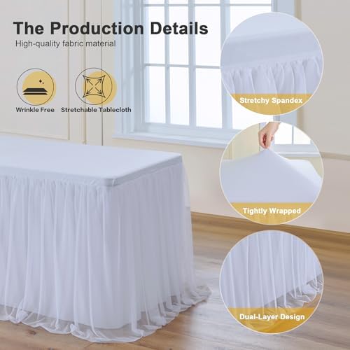 familus White Table Cloths 6 Foot Rectangle 6 Panels Stretch Ruffle Tulle Tablecloth Spandex Fitted Table Cover for 6 Foot Tulle Table Skirts for Party Wedding Table Cloths, Banquets - Image 4