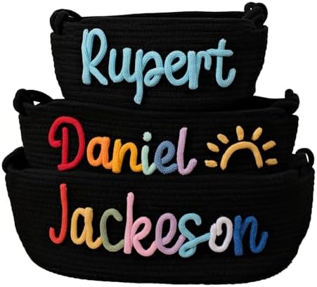 Personalized Baby Name Basket - Custom Embroidered Cotton Rope Organizer, Diaper Caddy & Nursery Storage Gift for Newborns, Toddlers - Baby Shower, Birthday, Easter Present (Black, L) by Unknown