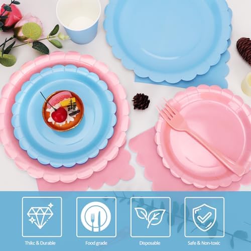 200Pcs Pink and Blue Party Plates and Napkins, 9’’and 7’’ Disposable Scalloped Paper Plates Cups Napkins Forks Set Party Supplies for Birthday, Baby Shower, Gender Reveal Party Decorations, Serves 40 - Image 3