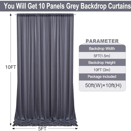 50ft×10ft Wrinkle Free Grey Backdrop Curtains for Parties, 10 Panels 5×10ft Soft Silky Polyetsr Charcoal Photo Backdrop Drapes for Birthday Party Baby Shower Wedding Photography - Image 3