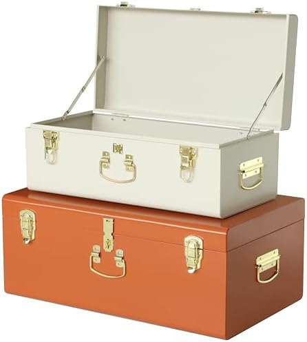 Vixdonos Decorative Large Metal Box Storage Trunk Chest Set of 2 College Dorm Organizer with Hardware Hasps and Handle for Home Deocr,23.7X14.2X9.5 Inches(Beige and Orange) by Vixdonos
