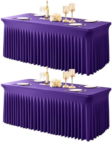 2 Packs Purple Table Clothes for 8 Foot Rectangle Tables, One-Piece Wrinkle Resistant Stretch Spandex Table Covers with Skirt for Event Banquet Wedding Birthday Party by PartyTalk
