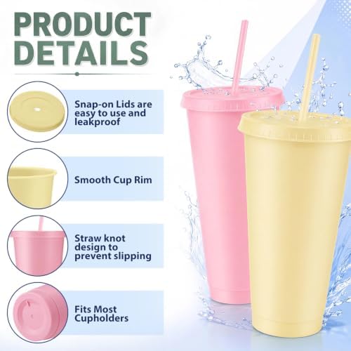 Skylety 24 Pcs Pink and Green Plastic Cups with Lids and Straws 24 oz - Image 3
