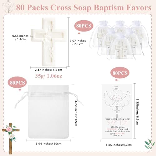80 Pack Cross Scented Soap Baptism Favors with Cards Bags Guest Gifts,White - Image 2
