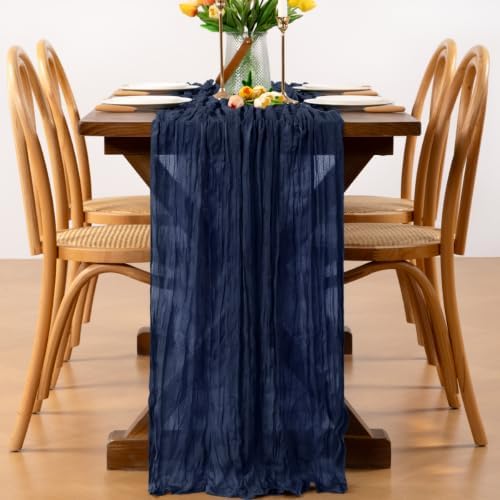 Navy Blue Cheesecloth Table Runner Boho Wrinkled Gauze Table Runners - Image 4
