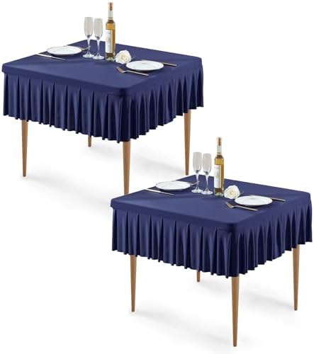 2 Pack Navy Blue Spandex Tablecloths for 34x34 Inch Square Tables, Stretch Fitted Table Clothes with Pleated Ruffle Skirt for 34” Table, Wrinkle Free and Elastic, for Party Kitchen Home Dining by WishCare