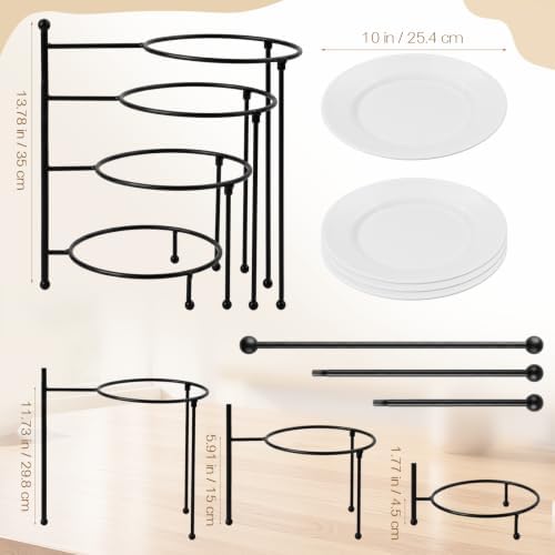 4 Tiered Serving Stand with 4 White Porcelain Plates 10 Inch Round Trays Black Metal Dessert Stand Rotating Serving Tray Display for Parties, Wedding, Baby Shower, Buffet Entertaining - Image 3
