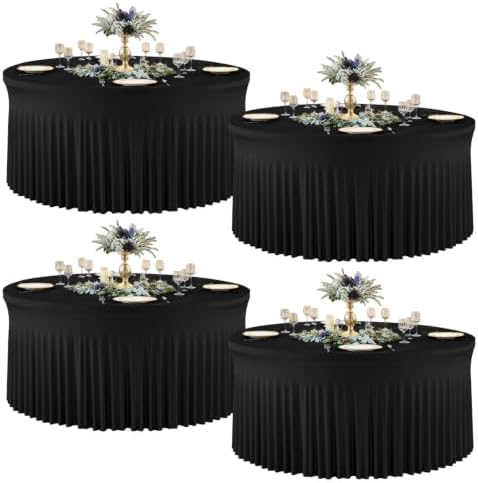 4 Pack Black Round Tablecloths, 5FT Spandex Stretchy Table Cloth with Skirt, Washable Fitted Tablecloth, Circle Wrinkle Free Table Cover for Wedding Party Birthday Outdoor Event by Torrowsrort