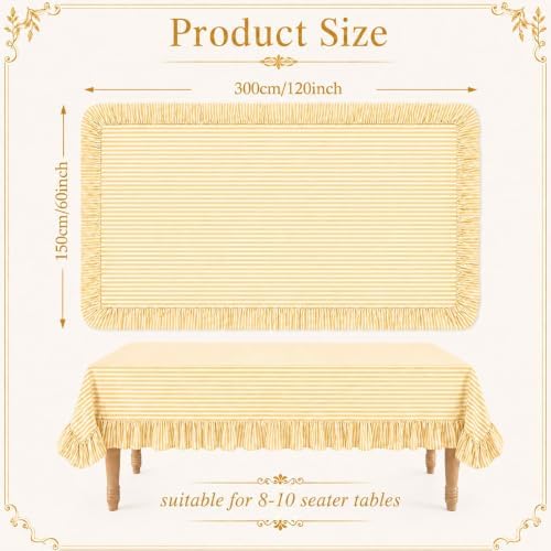 Striped Ruffled Tablecloth 60x120 Inch Cotton Polyester Striped Tablecloth Rectangular Fits 8-10 Seater Table Farmhouse Vintage Table Cover for Home Kitchen Baby Shower Birthday Party Picnic (Yellow) - Image 2