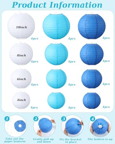 Treela 48 Pcs Paper Lanterns Party Decorations Round, Blue,White - Image 3