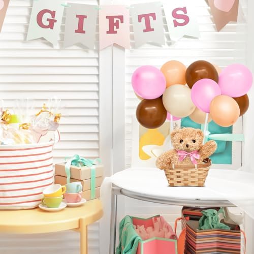 Hollowfly 6 Set Bear Baby Shower Party Centerpieces Table Decoration 6 Gender Reveal Stuffed Plush Bears 6 Bamboo Baskets 60 Colorful Balloons 12 Balloon Stands Birthday Party Wedding(Blue, Pink) - Image 6