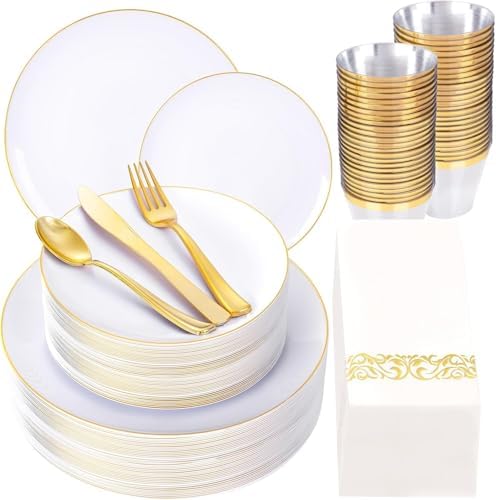 YOUBET 175PCS White Plastic Plates with Gold Rim for Wedding Party by YOUBET