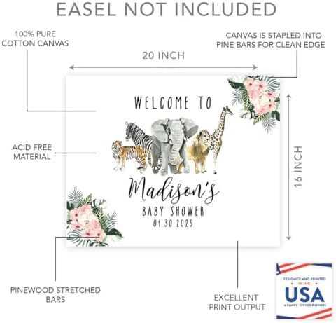 Andaz Press Custom Large Baby Shower Canvas Welcome Sign, 16 x 20 Inches, Pink Hibiscus Tropical Jungle, Guestbook Alternative, Personalized Sign Our Canvas, For Jungle Safari Baby Shower Theme - Image 2