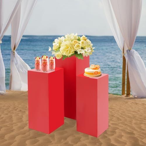 3PCS Square Red Pedestal Stands for Party Metal Pedestal Display Stands Dessert Table Decoration Pillars Cake Pedestal Plant Stands for Party Birthday Wedding Props - Image 2
