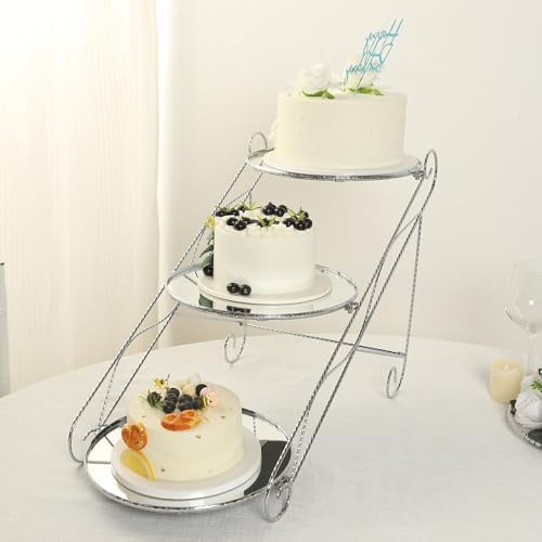 Efavormart 3-Tier Silver Cascading Metal Cake Stand with Round Mirror Trays, Cupcake Holder Dessert Display Stand Tiered Serving Platter - 16"x19" - Image 7