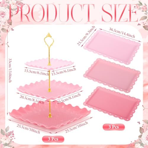 FoldTier 6 Pack Cupcake Stand Set 3 Pcs 3 Tier Gradient Dessert Table Display Stands Cookie Tray Rack 3 X14 in Rectangle Party Trays for Wedding Birthday Tea Party Baby Shower(Pink,Rectangle) - Image 2