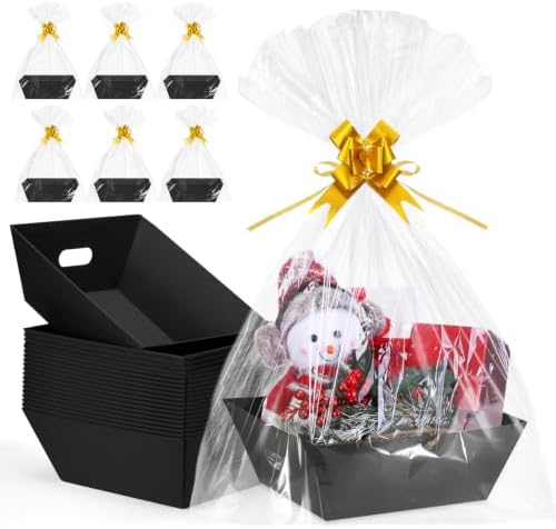 AFOROEOA 20 Pack Black Gift Baskets Empty, 10x8 Thick Paper Basket with 20 Clear Bags and 20 Pull Bows, Black Empty Gift Baskets for Halloween Corporate Birthday Wedding Luxury Bulk Wrapping by AFOROEOA