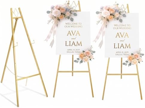 GRENTY 2 Pack Gold Easel Stand for Wedding Signs – No Assembly Needed, Heavy Duty Metal Display Stand for Art, Welcome Signs, Posters, Pictures, Paintings, and Floor Décor by Grenty