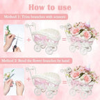 4 Pack Baby Carriage for Baby Shower Centerpiece Table with Wicker Stroller Bottle Bear Cards Rattan Artificial Rose Hydrangea Baby's Breath Floral Card Holder Decoration(Pink，32pcs) - Image 4