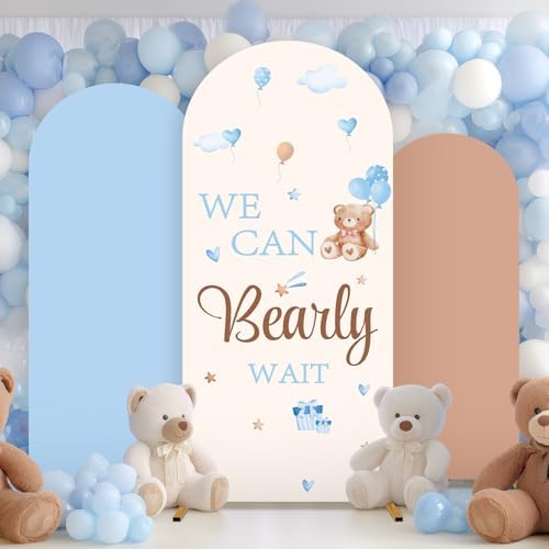 3Pcs We Can Bearly Wait Arch Backdrop Cover 4ft 5ft 6ft Blue Bear Baby Shower Decorations Bear Theme Round Top Stretchy Arch Stand Covers Photo Background for Birthday Gender Reveal Party Decor - Image 6