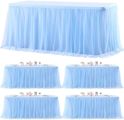 4 Pack Baby Blue Tablecloths for 8 Foot Rectangle Tables Ruffle Tulle Tablecloth Light Blue Table Cloth Rectangle 8ft Spandex Table Cover for Baby Shower Boy Birthday Party Banquet Table Skirt by HBBMAGIC