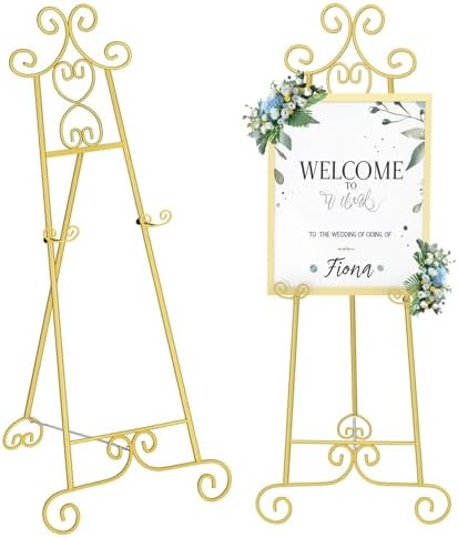 Easel Stand for Sign, Large Adjustable Floor Easel with Chain Support, Vintage Decorative Metal Display Stand for Wedding Signs, Paintings, Artwork, Posters, Pictures, Gold by Unknown
