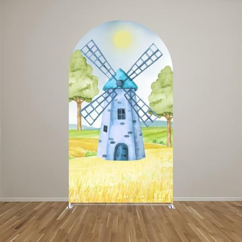 Blue Windmill Arch Backdrop Covers 6x2.6ft(HxW) for Barn Farm Birthday Party Decorations Double-Sided Chiara Arched Stand Fabric Cover Kids Baby Shower Parties Tablecloth Props - Image 2