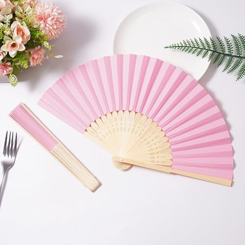 Sepwedd 50pcs Pink Paper Hand Fan Bamboo Folding Fan Handheld Paper Fan - Image 4
