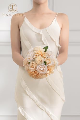 TINGE TIME 23pcs Artificial Wedding Flower Combo, Rose Dahlia Champagne - Image 5