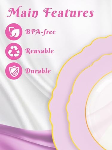 WDF 60Pcs Pink Plates Disposable with Gold Rim - Baroque Clear Pink and Gold Plastic Party Plates Ideal for Wedding/Baby Shower/Spring - Image 3
