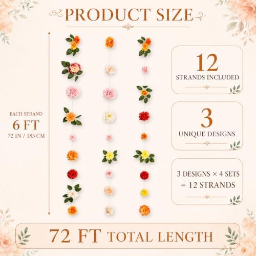 Hanging Flower Garland, 12 Pack Artificial Wildflower Garlands, 6 FT Each (72 FT Total), Floral Vines for Wedding Arch, Backdrop, Bridal Shower, Baby Shower, Garden Party and Home Decor, Multicolor - Image 2