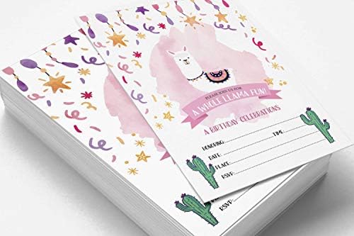 Pack of 30 Llama Kids Birthday Invitations, Boys or Girls Invite, Alpaca Cactus Sleepover Themed, Children or Toddlers Baby First or 1st Bday Theme Supplies,Fill in the Blank Cards - Image 3