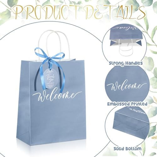 Queekay 36 Pcs Large Welcome Paper Gift Bags with Handle 10.6 x 8.3 x 4 Inches with 36 Tags Wedding Church Party Favor Bridal Gift Bags for Guest Birthday Baby Shower(Classic,Light Blue) - Image 3